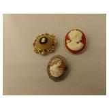 3 Vintage Cameo Brooch Pins
