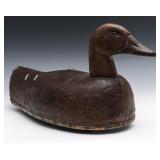 A BLACK DUCK HEN ANTIQUE PAINTED CANVAS DECOY