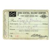 AN 1893 IOWA CENTRAL RAILWAY CO. SPECIAL PASS