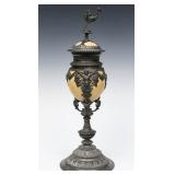 CONTINENTAL PEWTER MOUNTED OSTRICH EGG COVERED CUP