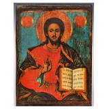 TWO MODERN DECORATIVE PAINTED WOOD ICONS