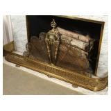 MODERN BRASS FIRE SCREEN AND SEMI-ANTIQUE FENDER