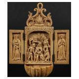 18TH/19TH C. CARVED IVORY TRIPTYCH HOLY WATER FONT