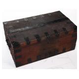 ANTIQUE DARKENED OAK CHEST WITH METAL FITTINGS