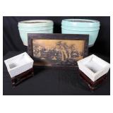 ASIAN PORCELAIN PLANTERS AND WOOD PLAQUE