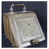 ANTIQUE BRASS COAL HOD WITH EMBOSSED FRONT