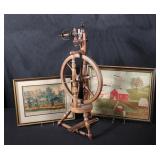 19TH CENTURY SPINNING WHEEL, CURRIER & IVES, NEEDL