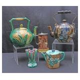 ANTIQUE MAJOLICA TEAPOTS, PITCHERS AND VASE (FIVE)