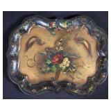 A NICE ANTIQUE TOLE TRAY WITH LONG-TAILED BIRDS
