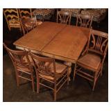ANTIQUE SQUARE OAK TABLE WITH SIX WALNUT CHAIRS