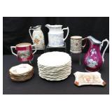 ANTIQUE PRATT WARE JUG, MUG AND TRAY WITH MORE