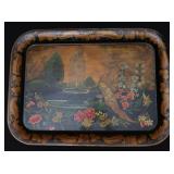 LARGE ANTIQUE TOLE TRAY WITH PHEASANT AND FOUNTAIN