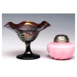 A CARNIVAL GLASS COMPOTE AND VICTORIAN MUFFINEER