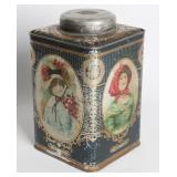 A LITHOGRAPHED TIN TEA CANISTER W/ BRITISH LADIES