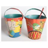 TWO OHIO ART TIN LITHO SAND PAILS, PLUS A SHOVEL