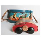 A FERN BISEL PEAT TIN LITHO DRUM WITH TOY SWEEPER