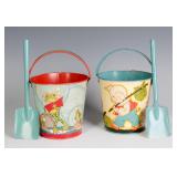 TWO FERN BISEL PEAT TIN LITHO SAND PAILS. C. 1940S