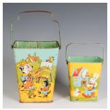 TWO SQUARE TIN LITHO SAND PAILS SIGNED CHEIN