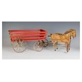 ANTIQUE VICTORIAN LITHO ON WOOD HORSE DRAWN TOY