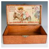 A GOOD OAK BOX WITH FERRY FLOWER SEED ADVERTISING