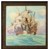 A HAND DECORATED ART TILE WITH A SAILING SHIP