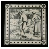 A BLACK TRANSFER VICTORIAN TILE SIGNED MINTON