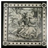 A BLACK TRANSFER VICTORIAN TILE SIGNED MINTON
