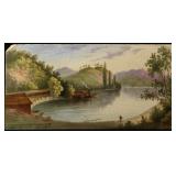 A 19TH C. CERAMIC TILE WITH HAND PAINTED LANDSCAPE
