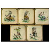 FIVE CIRCA 1900 PEASANT GENRE MOTIF ART TILES