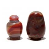 CARVED AND POLISHED AGATE SNUFF BOTTLE, ETC