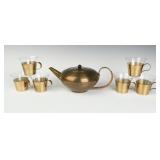 MID 20TH CENTURY SPUN BRASS TEAPOT & CUPS W/GLASS