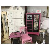 White Highboy, Pink paris armoire, pink chair