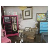 White headboard, desk, frames, side tables