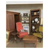 Wood and upholstery chairs, small tables, clocks