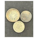 3 German Empire Coins (1874 1 Mark, 1905 & 1907 1/