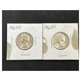 2 Washington Quarters (1964D, 1963D)