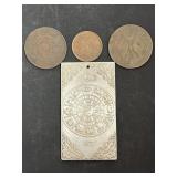 3 Chineese Cash Coins & Tibetan Silver Amulet