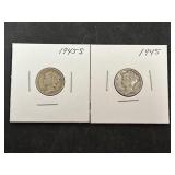 2 Mercury Silver Dimes (1945S, 1945)
