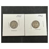 2 Mercury Dimes (1942, 1943)