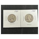 2 1941 Washington Silver Quarters