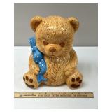 Ceramic Teddy Bear With Blue Ribbon Cookie Jar