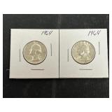 2 1964 Washington Silver Quarters