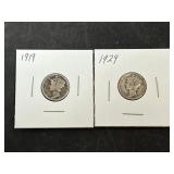 2 Mercury Silver Dimes (1919, 1929)
