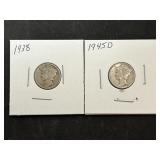 2 Mercury Silver Dimes (1938, 1945D)