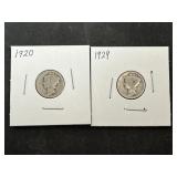 2 Mercury Silver Dimes (1920, 1929)