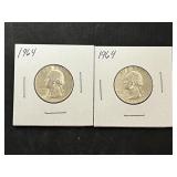 2 1964 Washington Silver Quarters