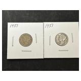 2 1937 Mercury Silver Dimes
