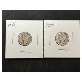 2 1935 Mercury Silver Dimes