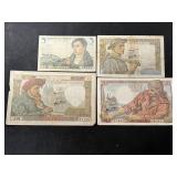 4 WWII Vichy France Currency Notes