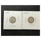 2 Mercury Silver Dimes (1935, 1941D)
